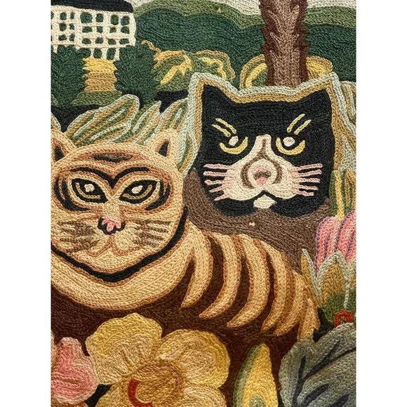 Vintage Chainstitch Embroidery Decorative Pillow with Cats 16 Inch Square - Picture 2 of 10